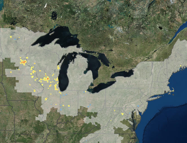 Map of rusty patched bumble bee sightings. Photo courtesy of US Fish and Wildlife Service.