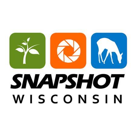 Logo that reads Snapshot Wisconsin with a green square with a white drawing of a leaf inside it, an orange square with a drawing of a camera lens in it, and a blue square with a white drawing of a deer in it