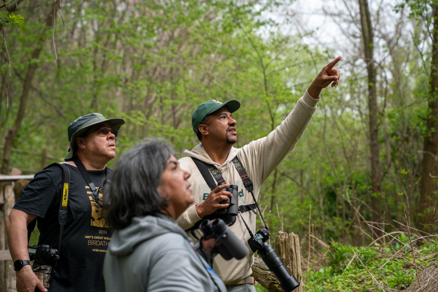 Three people looking out of the frame at something one of them is pointing at while birding in the woods