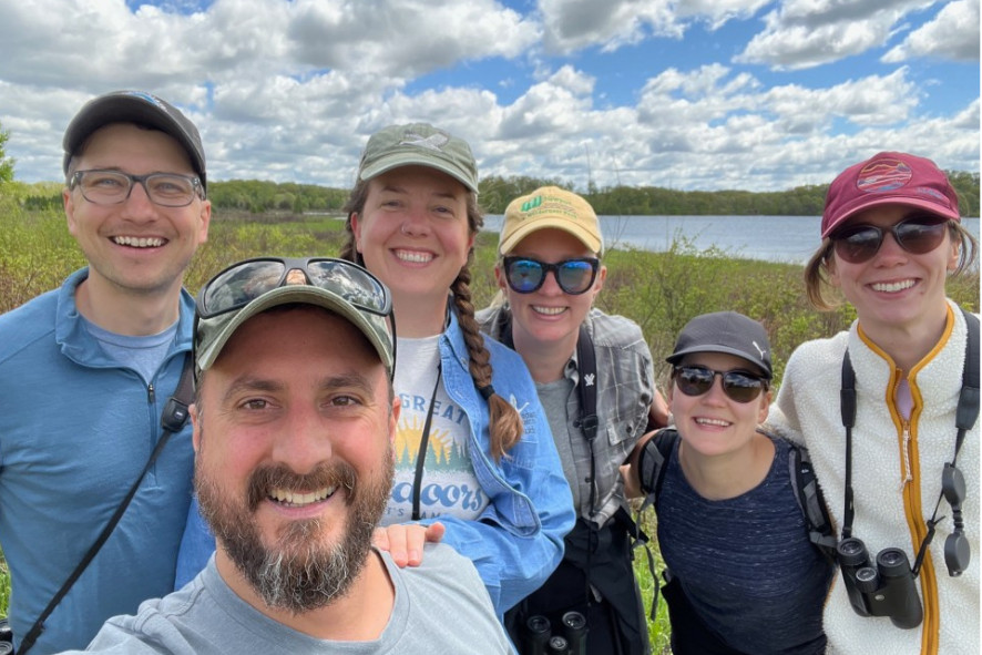 Cait Williamson and friends taking a group selfie while birdwatching