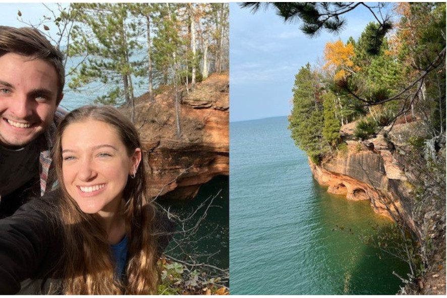 Collage of two photos, on the left is a photo of two people taking a selfie while on a hike in the Apostle Islands, on the right is an image of a cliff edge on the shores of Lake Superior